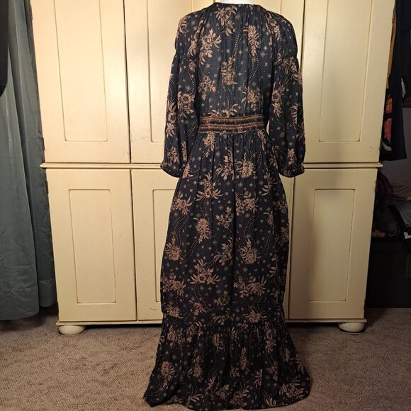 Free People Golden Hour Smocked Puff Sleeve Navy Boho Maxi Dress Sz Lg - Picture 2 of 16
